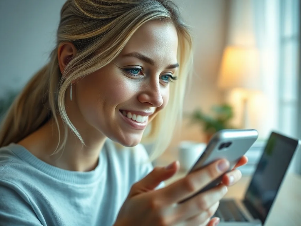 Kobieta zadowolona z obsługi smartfona w przytulnym domowym biurze, co podkreśla łatwość tworzenia kopii zapasowej iPhone'a.