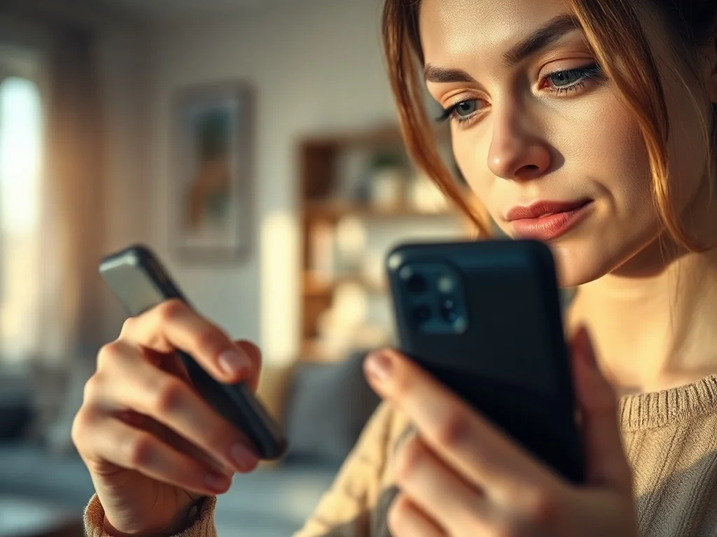 Kobieta personalizuje ustawienia tapety na ekranie nowoczesnego smartfona w przytulnym salonie.