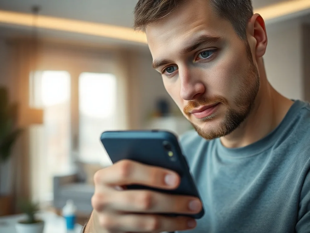 Mężczyzna trzymający iPhone'a, przygotowujący się do zmiany ustawień telefonu w nowoczesnym wnętrzu.