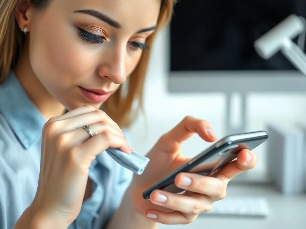 Kobieta czyści ekran smartfona miękką ściereczką z mikrofibry w jasnym, minimalistycznym biurze.