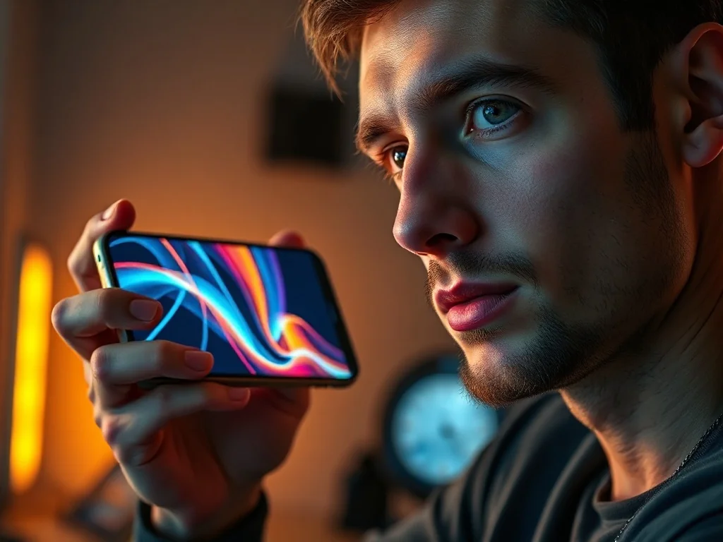 Mężczyzna trzyma nowoczesny smartfon z wyświetlaczem prezentującym wyrazistą, kolorową grafikę w minimalistycznym biurze.