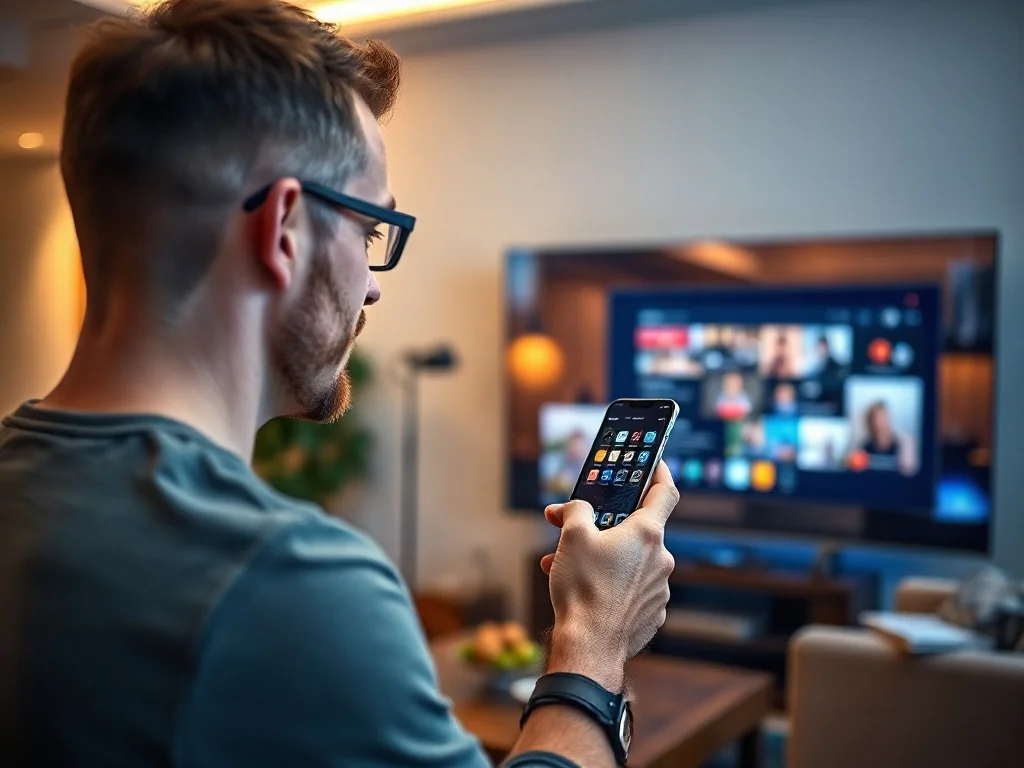 Mężczyzna trzymający iPhone’a skierowanego w stronę telewizora, na którym wyświetlany jest obraz z telefonu.