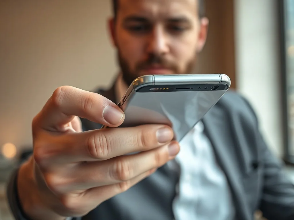 Dłonie trzymające iPhone'a 16 podczas naciskania bocznych przycisków w celu jego wyłączenia.