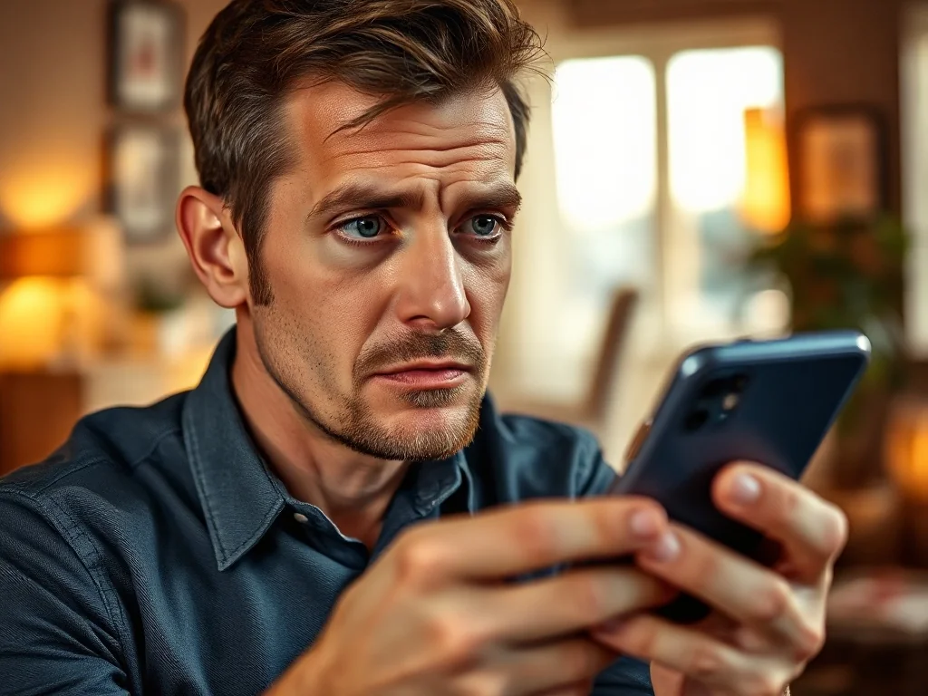Zaniepokojony mężczyzna trzymający smartfon w przytulnym salonie, ilustrujący problem zgubionego urządzenia.
