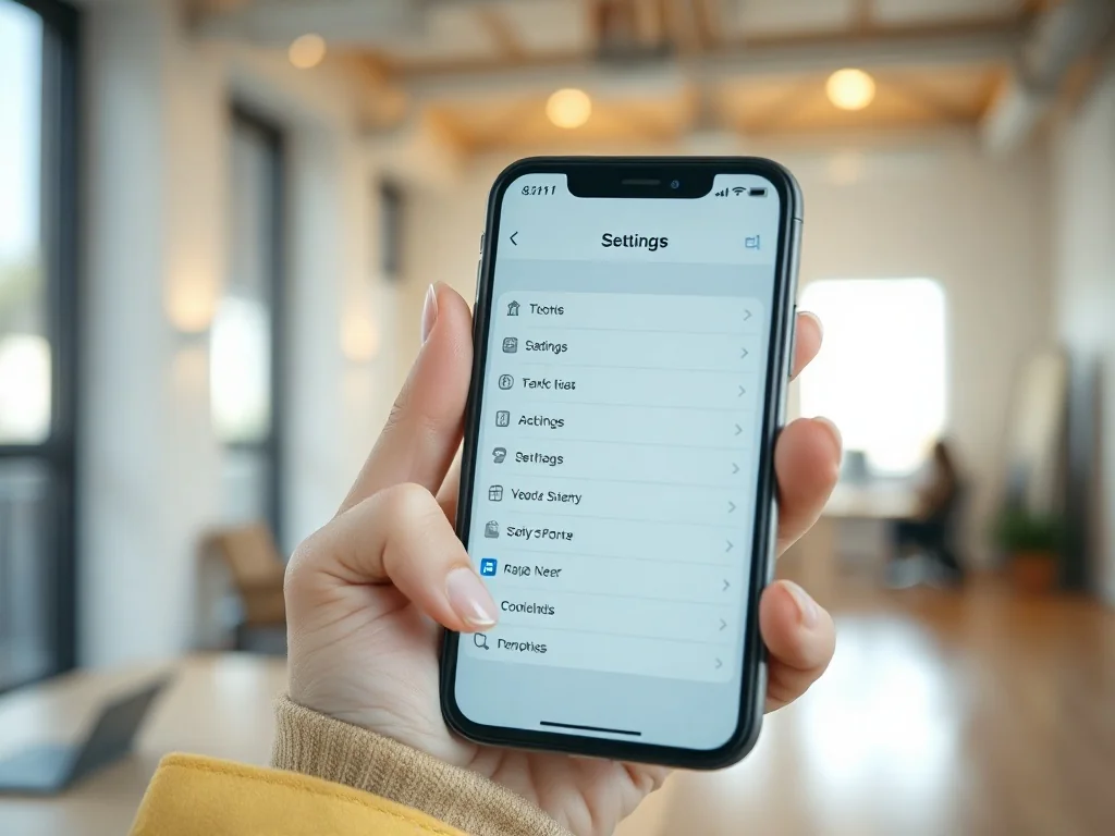 Kobieta obsługująca ustawienia w telefonie iPhone, ilustrująca proces konfiguracji prywatności numeru.