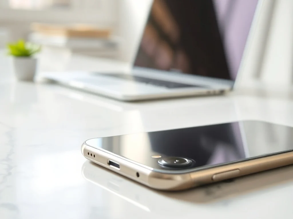 iPhone 15 leżący na marmurowym biurku, ukazujący detale obudowy oraz obiektyw aparatu w minimalistycznym otoczeniu.
