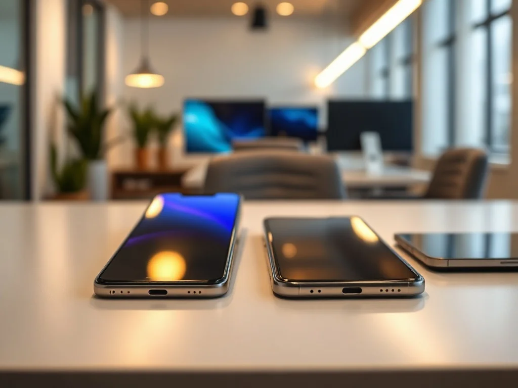 Dwa nowoczesne smartfony leżące obok siebie na biurku, prezentujące porównanie flagowych modeli telefonów.