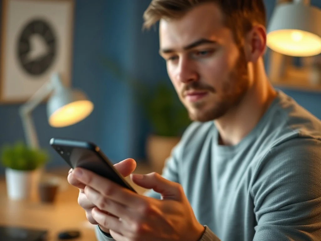 Mężczyzna obsługujący nowoczesny smartfon w domowym biurze, ilustrujący proces nagrywania ekranu telefonu.