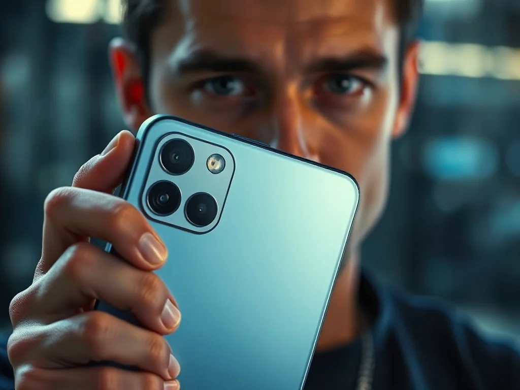 Elegancki smartfon z tytanową ramką i zaawansowanym potrójnym aparatem w profesjonalnym oświetleniu studyjnym.