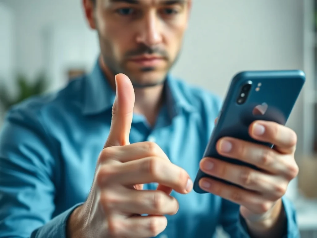Mężczyzna trzymający nowoczesny smartfon, przygotowujący się do obsługi urządzenia w minimalistycznym biurze.