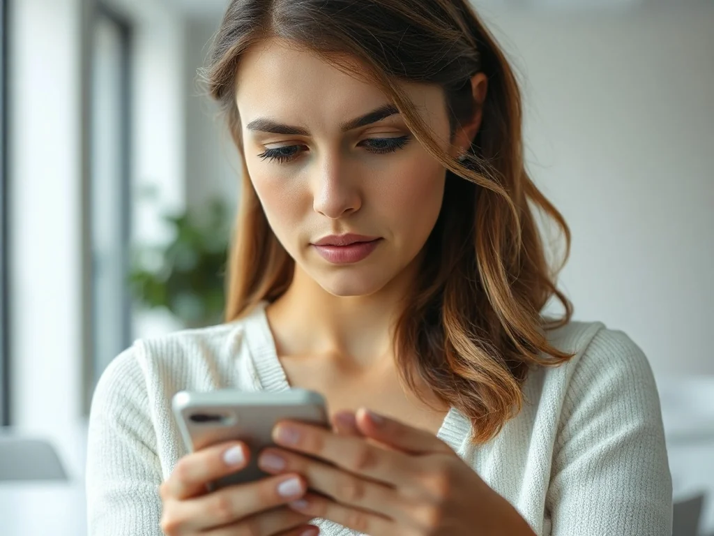 Kobieta zamyślona nad ekranem smartfona w nowoczesnym biurze, ilustrująca zarządzanie pamięcią w telefonie.