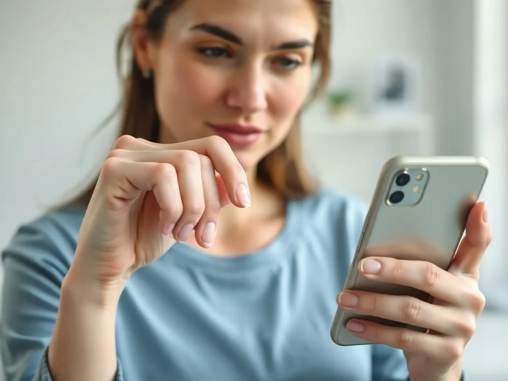 Kobieta trzymająca smartfon z palcem nad ikoną aplikacji, ilustrująca proces usuwania programów z iPhone'a.