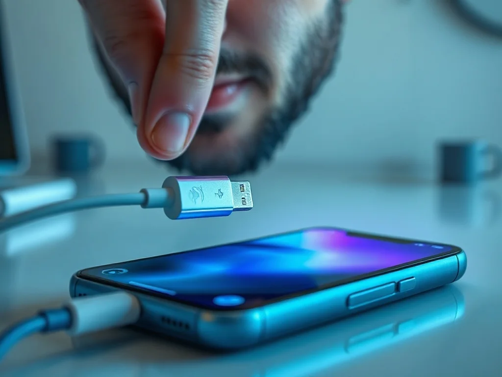 Dłoń podłączająca kabel Lightning do portu ładowania w smartfonie iPhone 14 na minimalistycznym biurku.