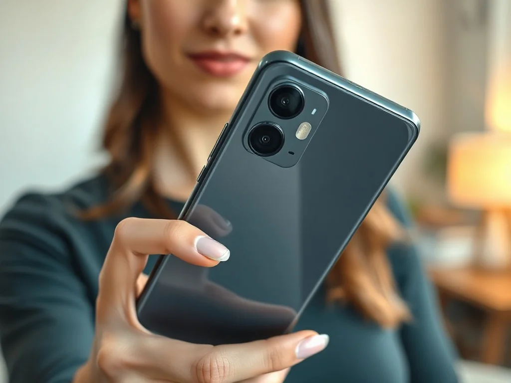 Kobieta trzymająca w dłoni iPhone’a 12, prezentująca jego szklaną obudowę oraz podwójny aparat w domowym biurze.