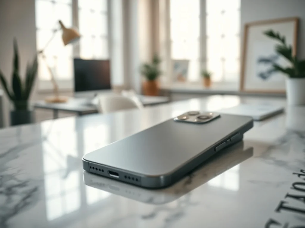 Srebrny iPhone 16 Pro Max na marmurowym biurku w nowoczesnym biurze. Skupienie na zaawansowanym systemie aparatów telefonu.