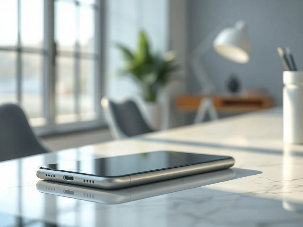 Nowoczesny smartfon o eleganckim, metalicznym wykończeniu spoczywający na minimalistycznym marmurowym biurku.